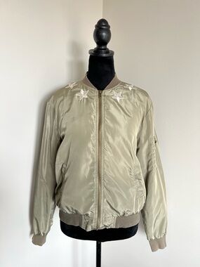 Star Embroidered Satin Bomber Jacket in Sage Green